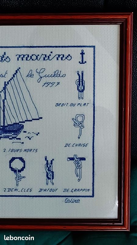 Tableau - Broderie Main sur toile Aïda - Point de croix -Sous verre - 28cm X 29cm – Noeuds marins – Vintage (image 2)