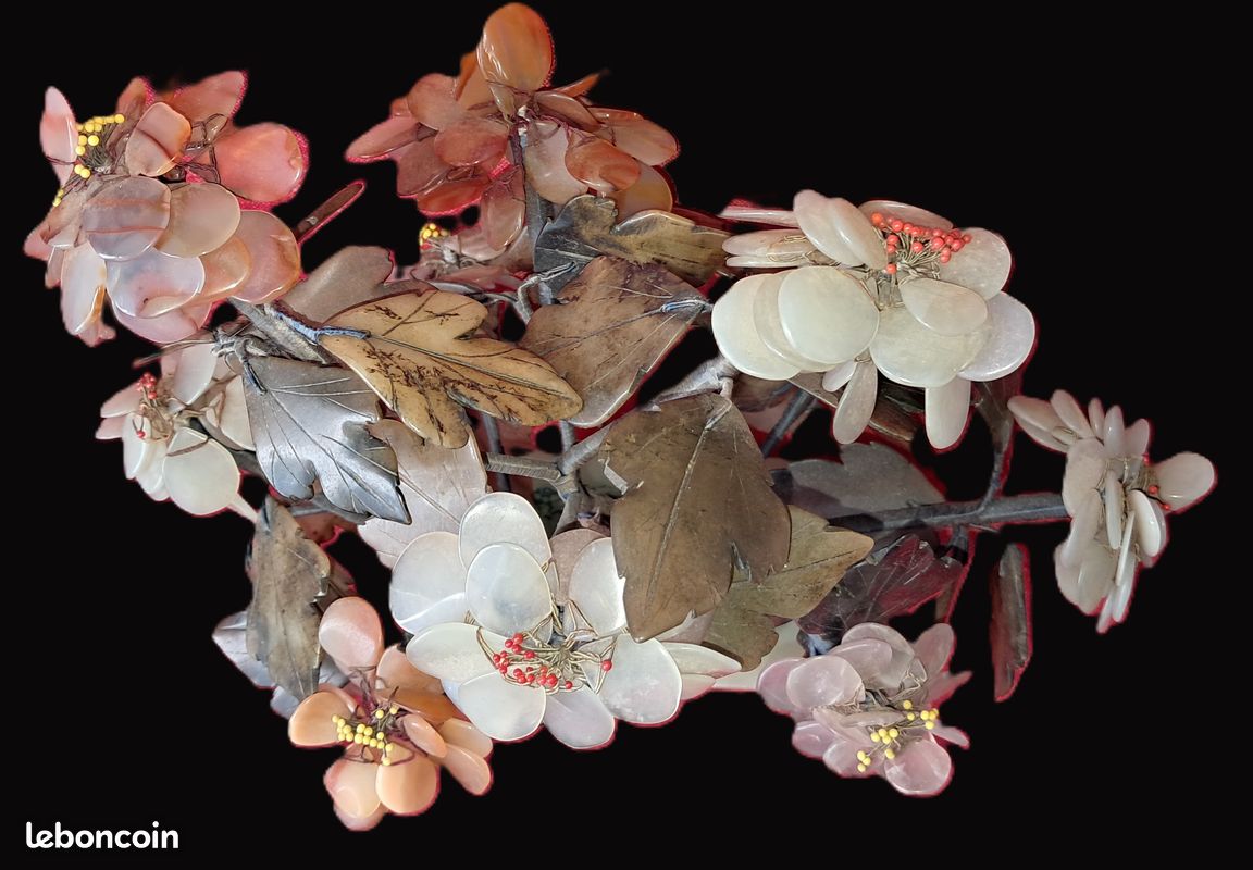 Exceptionnel ancien grand arbre en fleurs 29 cm en pierre dures cache pot en jade artisanat chinois en parfait état (image 12)