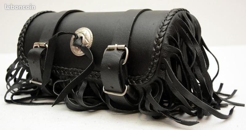 Sacoche à outils rousse rool bag de fourche en CUIR Noir Rond avec Franges Lacets (image 1)