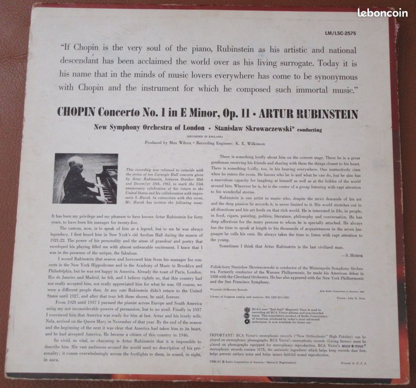Rubinstein - Chopin Concerto No.1 / LSC-2575 (image 2)