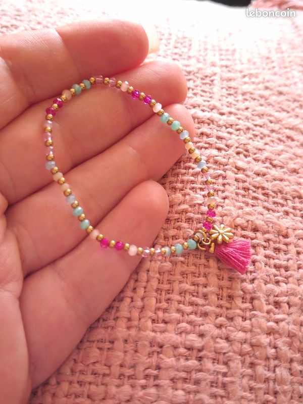Bracelet Ancien Vintage - Perles Et Fleurs Acrylique - Élastique - Occasion - Bijou Rétro