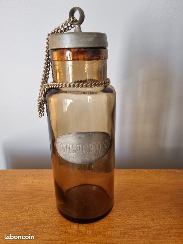 Ancien pot / bocal à cornichons vintage en verre fumé et métal (image 1)