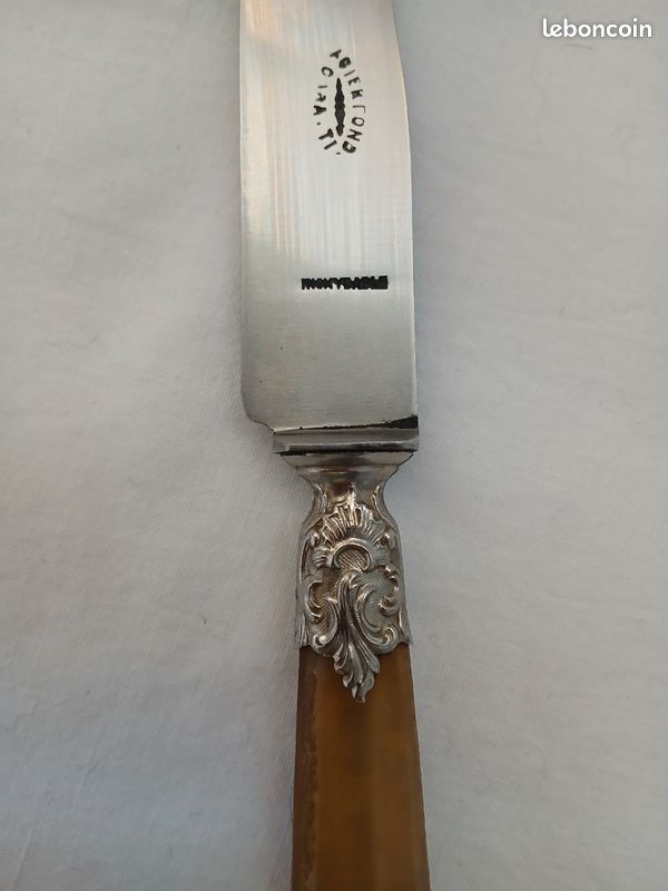 Lot De 10 Couteaux Anciens Dessert/fruit - Manche Corne Et Acier - Virole Perle - 17cm