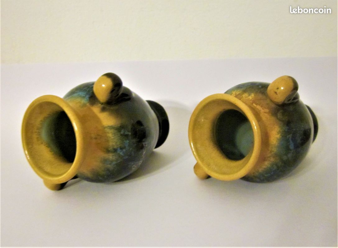 2 petits VASES en duo céramique brillante flammée H : 8,7 cm TBE Vintage (image 7)