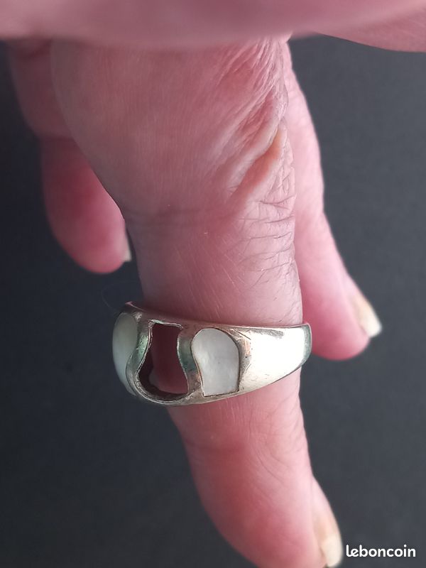 Bague Ancienne En Argent 925 Avec Plaque De Nacre - Taille 51 - Occasion Vintage