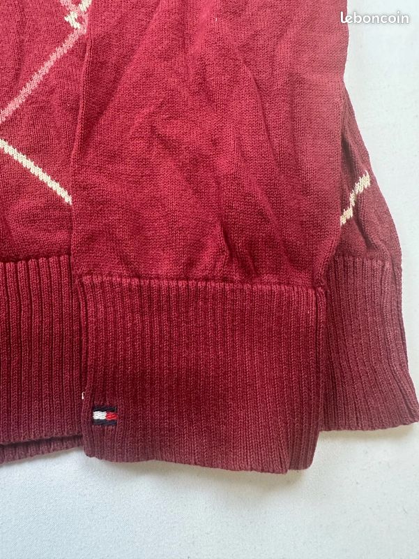 Pull Tommy Hilfiger col en V losanges finitions côtelées style argyle logo brodé Femme taille M (image 2)
