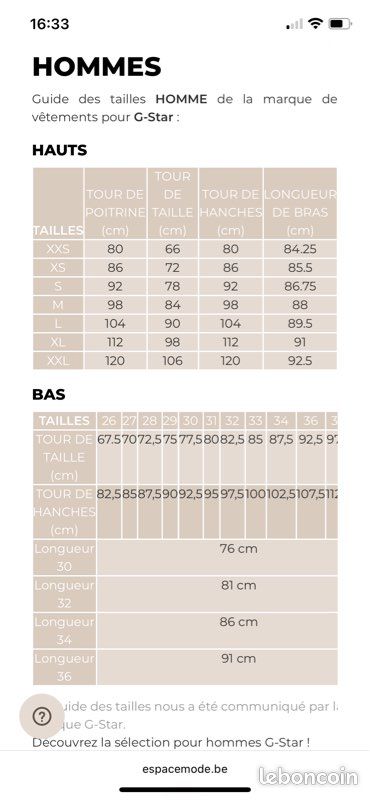 Size Guide Guide Des Tailles Gstar Vêtement Taille 33 32 Homme