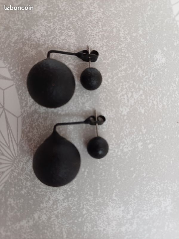 Boucles d'oreilles 2 boules noires (image 2)