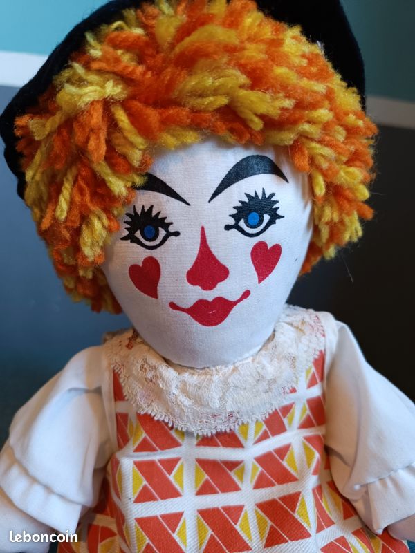 Poupée Ancienne Clown - Lilliputiens - Vert, Rouge Rayé, Laine Et Tissu, Vintage