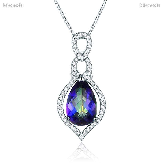 Collier En Argent Avec Topaze Mystique Et Améthyste - Pierre Principale Saphir - Neuf Sans Boîte