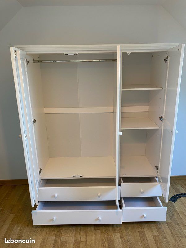 Armoire penderie-lingère Harold pin massif blanc 3 portes + tiroirs - Très bon état (image 4)
