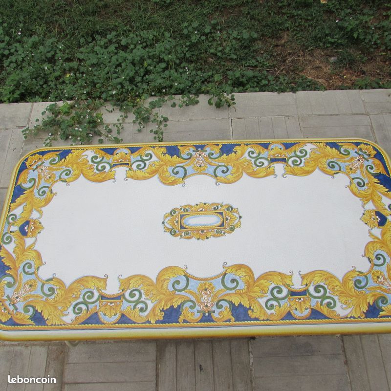 Modèle unique Table de Salle à manger ou de Jardin plateau émaillé peint à la main style Versace (image 4)