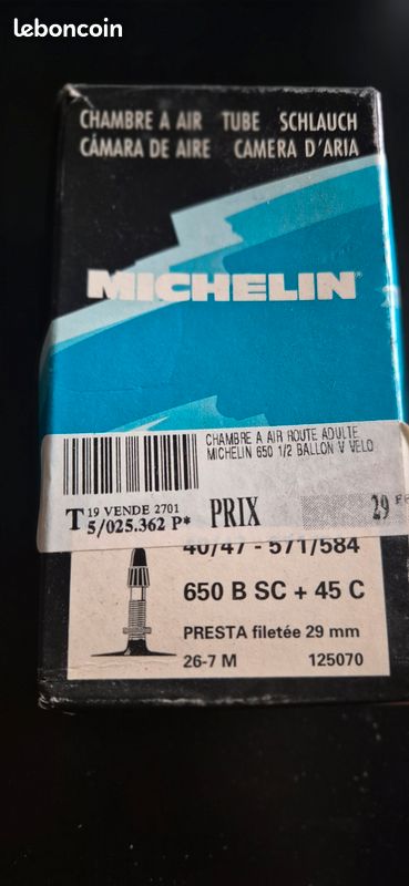 Chambre à Air Michelin Vélo 650 1/2 Ballon - Valve Presta - Neuf