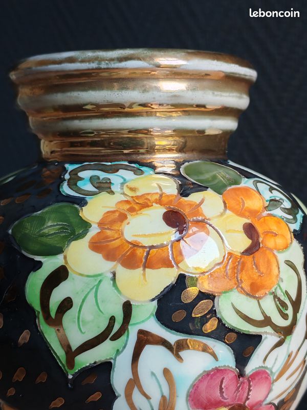 Vase Vintage Céramique Arte Veneziana, Décor Fleurs Peint Main et Dorure Or, Poterie Italienne Ancienne, Déco Shabby Chic Bohème (image 13)