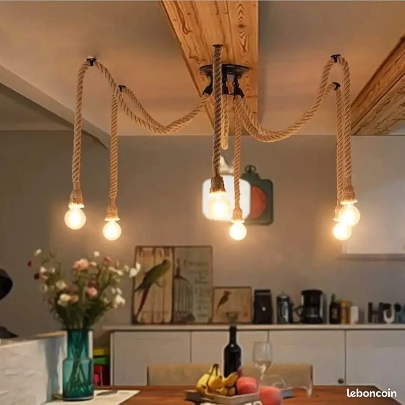 Lampe Suspendue - KOA - Corde De Chanvre - Style Industriel - E27 - Tête Simple - Maison