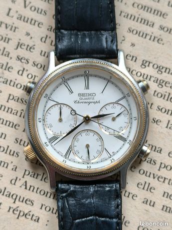 Montre Seiko Vintage Chronographe - 100m étanche - Cadran Gris, Bracelet Cuir