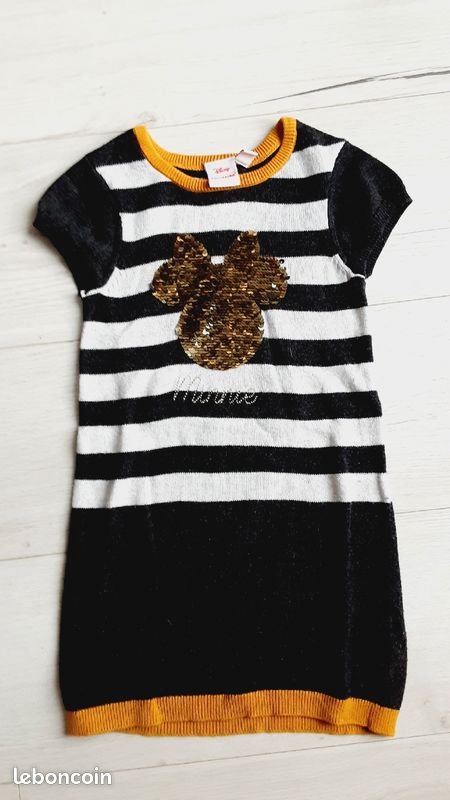 Vêtement fille robe pull manches courtes rayée grise et crème