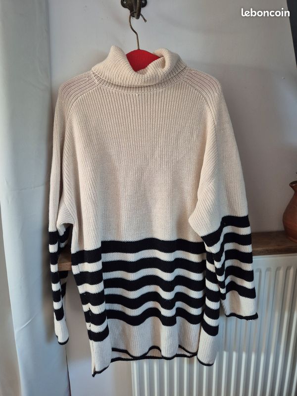 Grand pull femme cos M 38 col roulé ecru a rayures noire Vêtements
