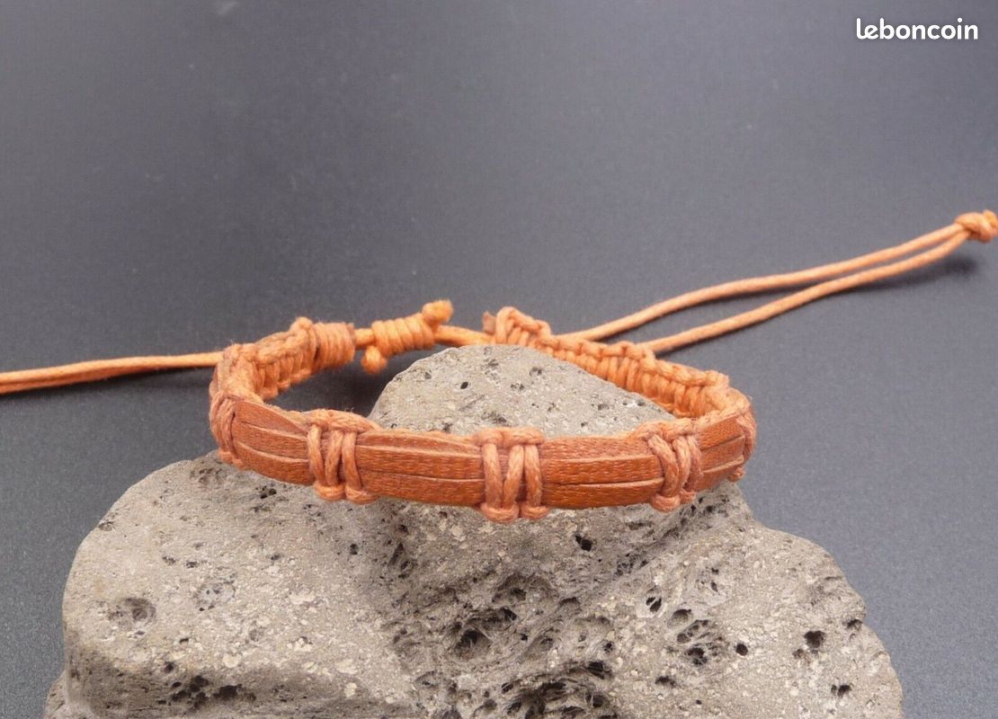 Bracelet réglable unisexe en cuir véritable orange et coton orange (image 1)