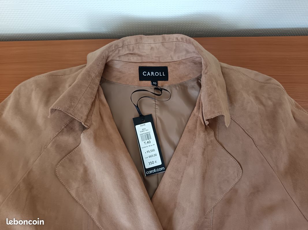 Veste Caroll En Cuir Chèvre Velours Camel - Taille 42, Couleur Marron, Occasion En Très Bon état