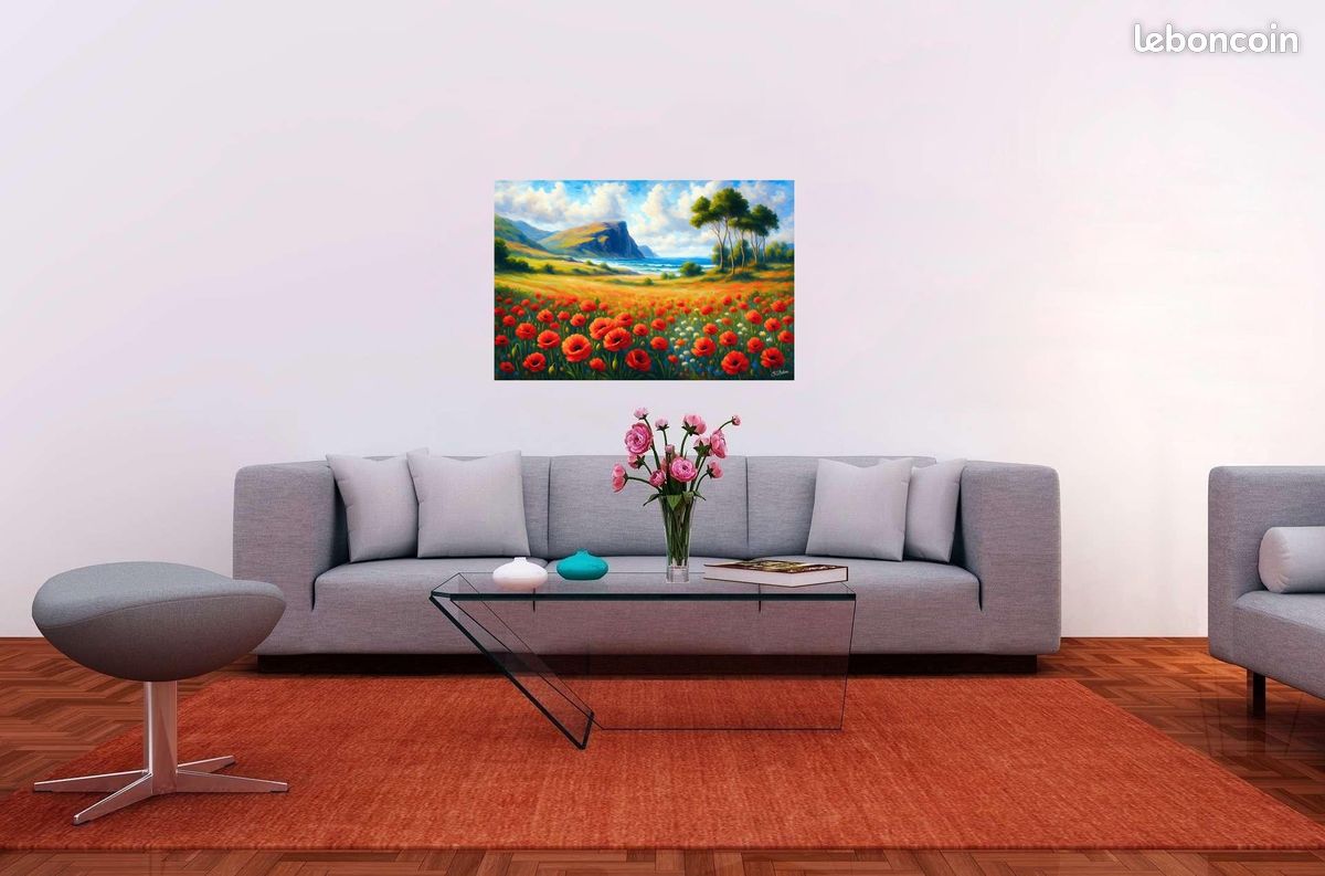 Peinture aquarelle sur toile acrylique "Coquelicots en bord de mer"/ (75 x 50 cm) (image 2)