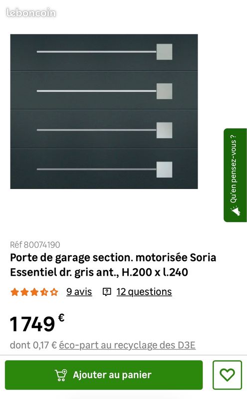 Porte de garage sectionnelle motorisée Soria Essentiel dr. Gris antracite, H.200 x l.240 (image 1)