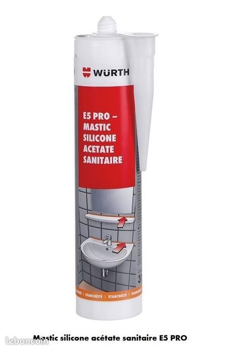 3 cartouches Finition : Blanc / Mastic silicone acétate sanitaire E5 / WURTH / Plusieurs finition (Blanc / Noir / Translucide / Gris) (image 1)
