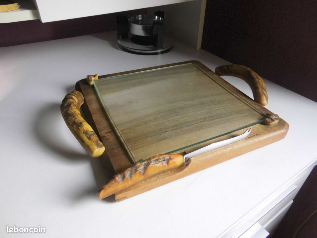 Plateau à fromage vintage Art Déco bois massif verre 26cm bistrot ancien 1950 (image 1)