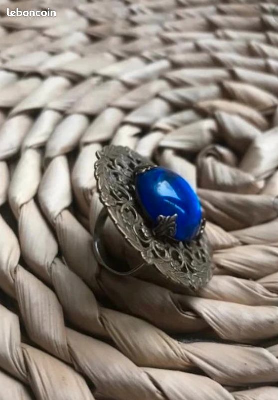 Bague Ancienne Saphir Bleu Et Topaze Plaqué Or - Taille 54 - Style Art Déco - Occasion
