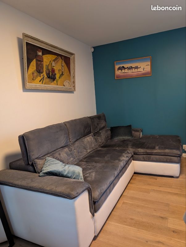 Canapé d'angle convertible en microfibre et simili CONNOR - Bicolore Blanc/gris - Angle droit (image 1)