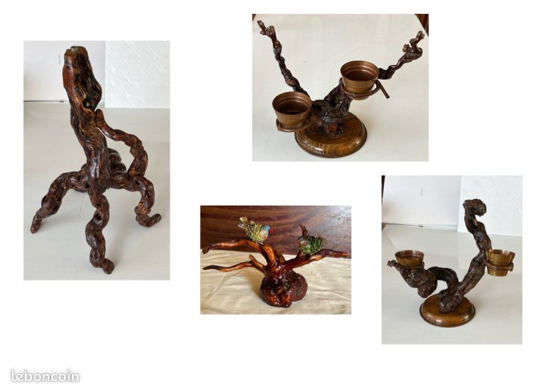 Bougeoir Vintage En Cep De Vigne - Années 1970 - Décoration Nature Bois