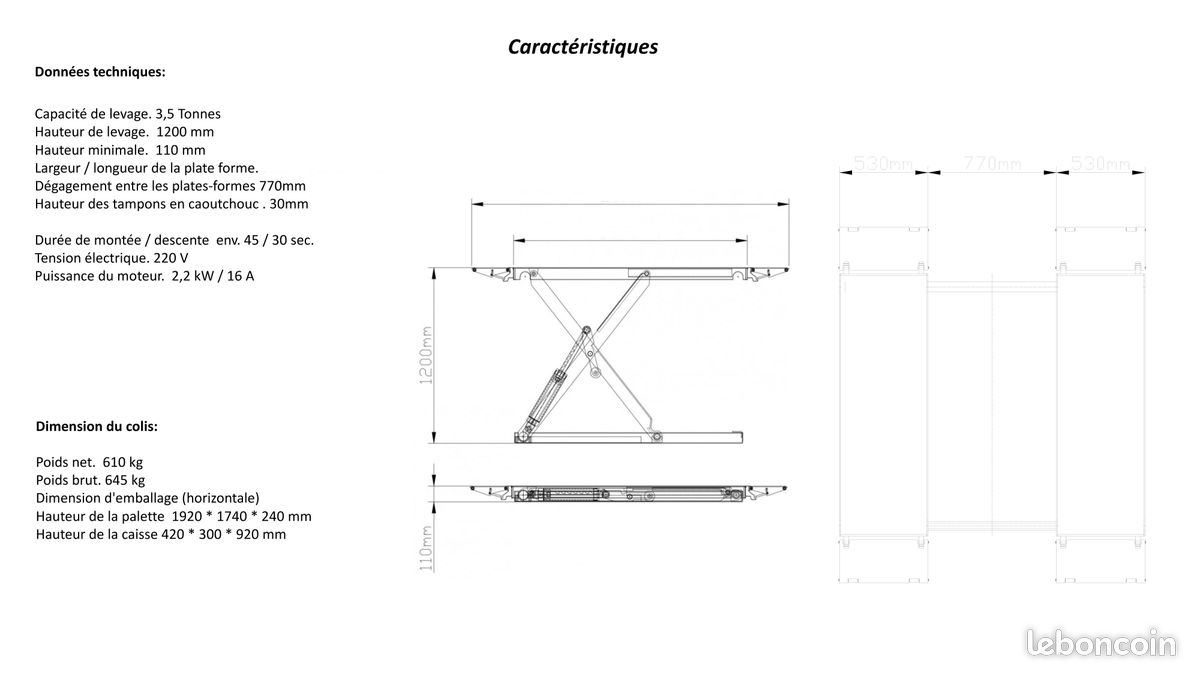 Pont élévateur double rampes 1,20 m 3,5 T (image 8)