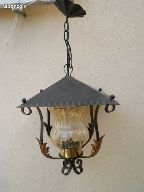 Suspension Vintage Fer Forgé Et Raphia - Années 60 - Allemagne