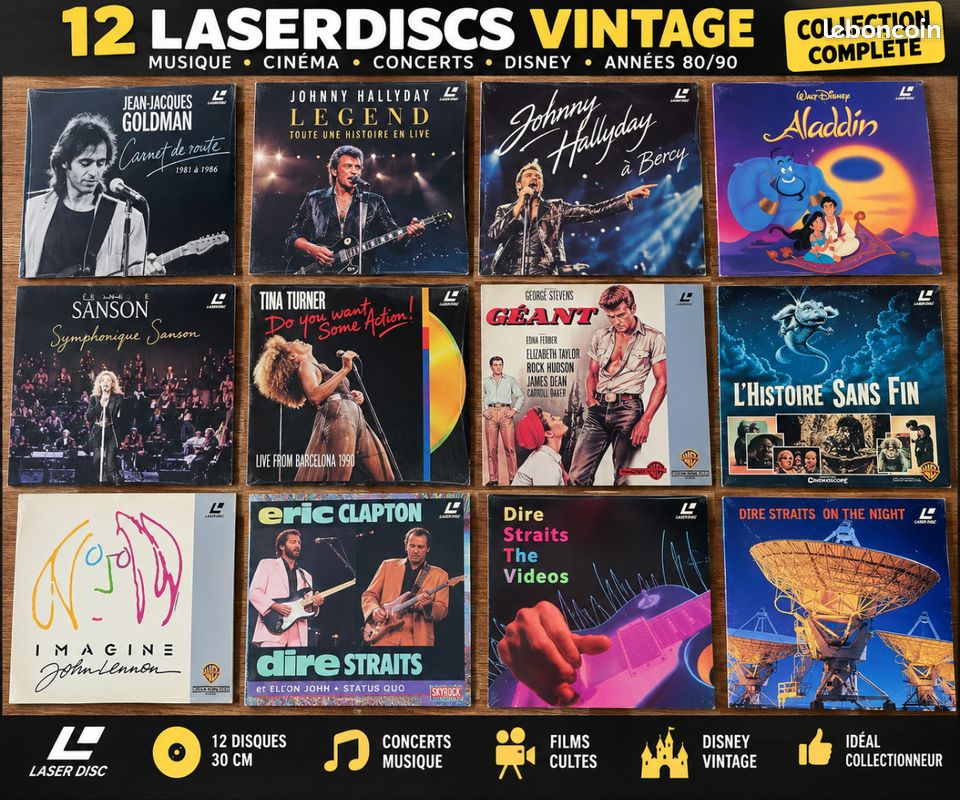Lot de 12 LaserDiscs vintage – Johnny Hallyday, Dire Straits, Disney, Tina Turner (image 1)