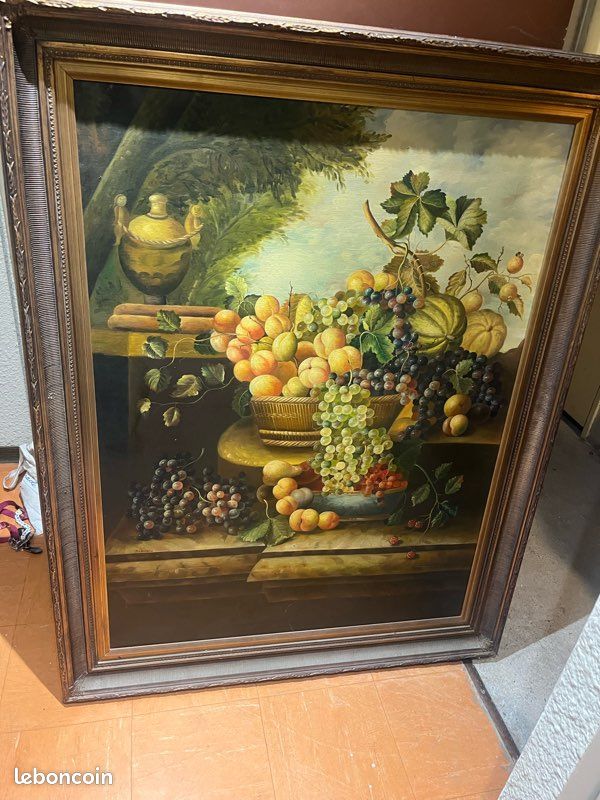 Grand tableau nature morte ancien – 112 x 145 cm – cadre doré (image 1)