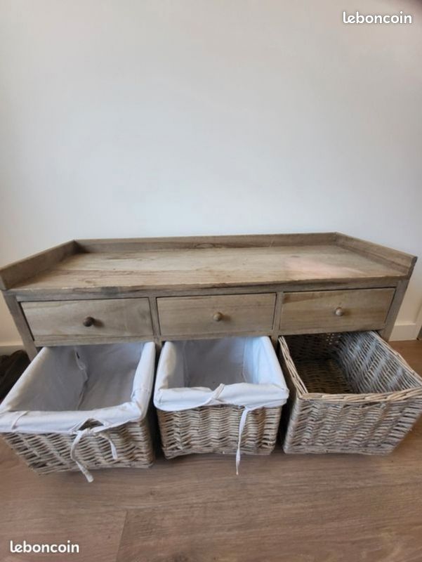 Meuble console 3 tiroirs + 3 paniers osier à rénover (image 3)