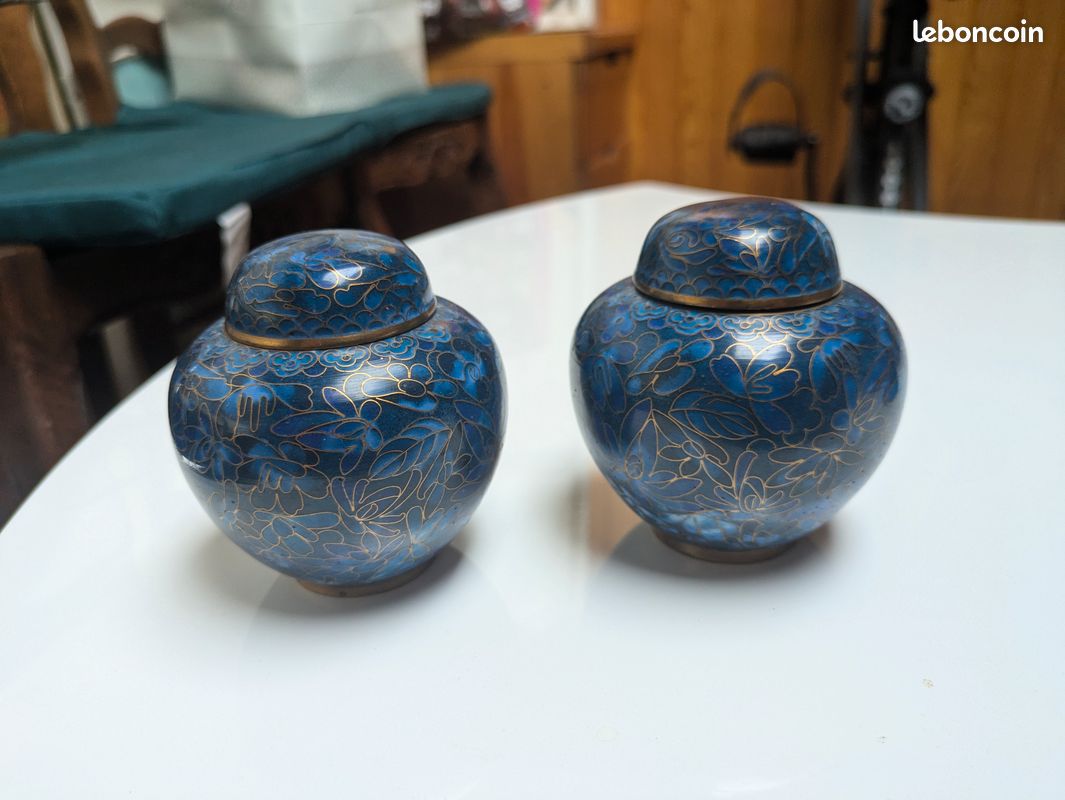 Paire de petits pots cloisonnés chinois anciens bleus (image 11)