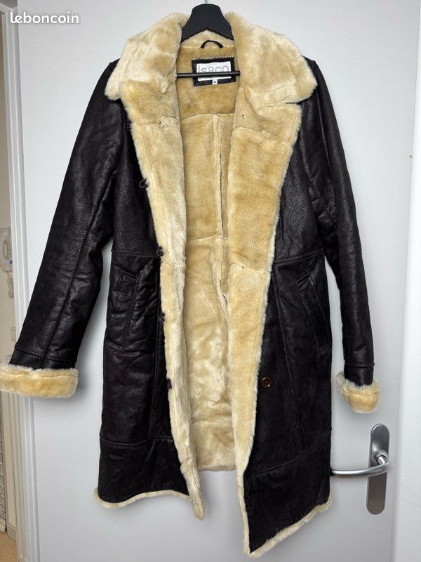 Manteau Cuir Noir Doublé Fourrure Véritable - Taille S - Occasion Très Bon état - Style Basique Femme