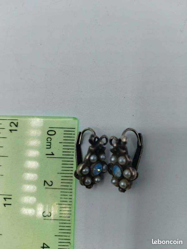 #XV10-Boucles d’oreilles vintage perles nacrées strass opaline métal argenté (image 4)