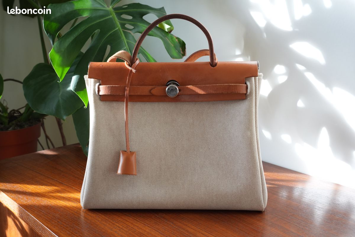 Sac Hermès Herbag 31 cuir naturel Marron et Toile Beige