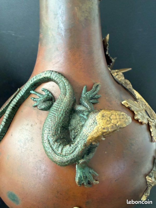 RARE Antique Napoleon III Japonisme Vases Pair Bronze Lizards Papillon France (image 4)