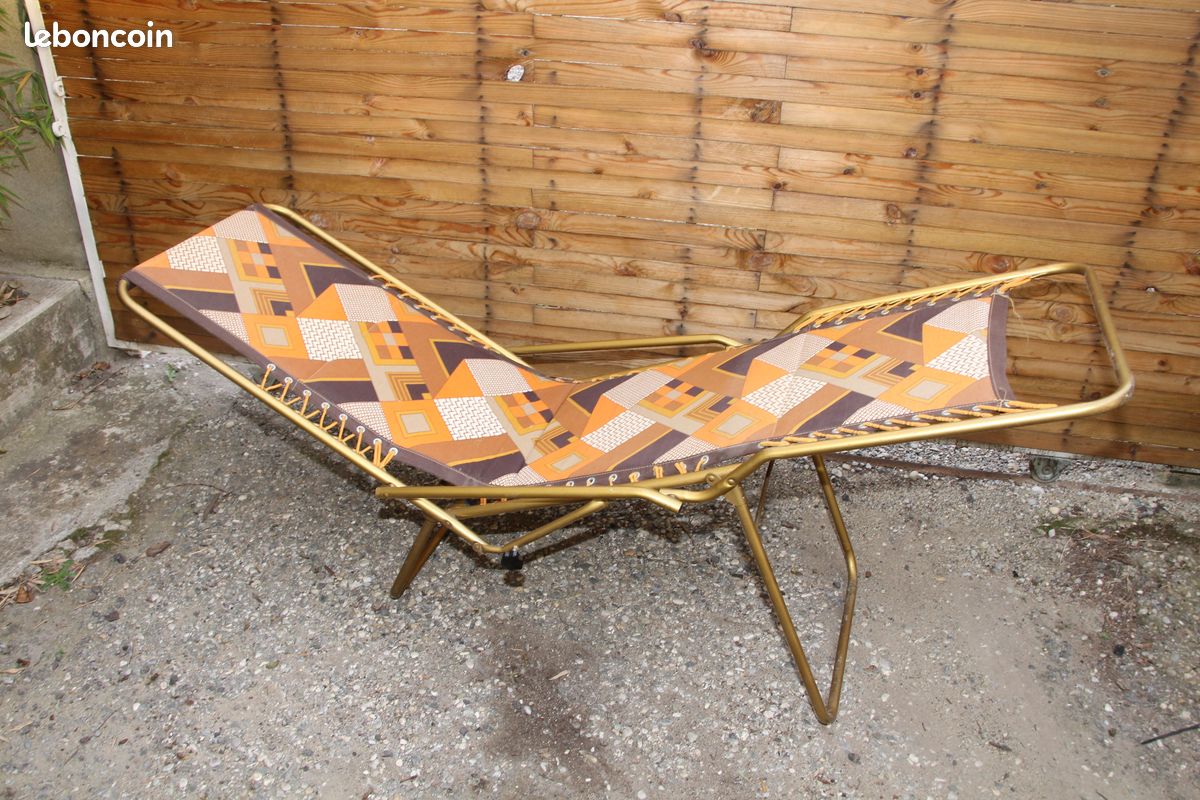 Bain de soleil transat Lafuma vintage 1970 Starlax décor motifs