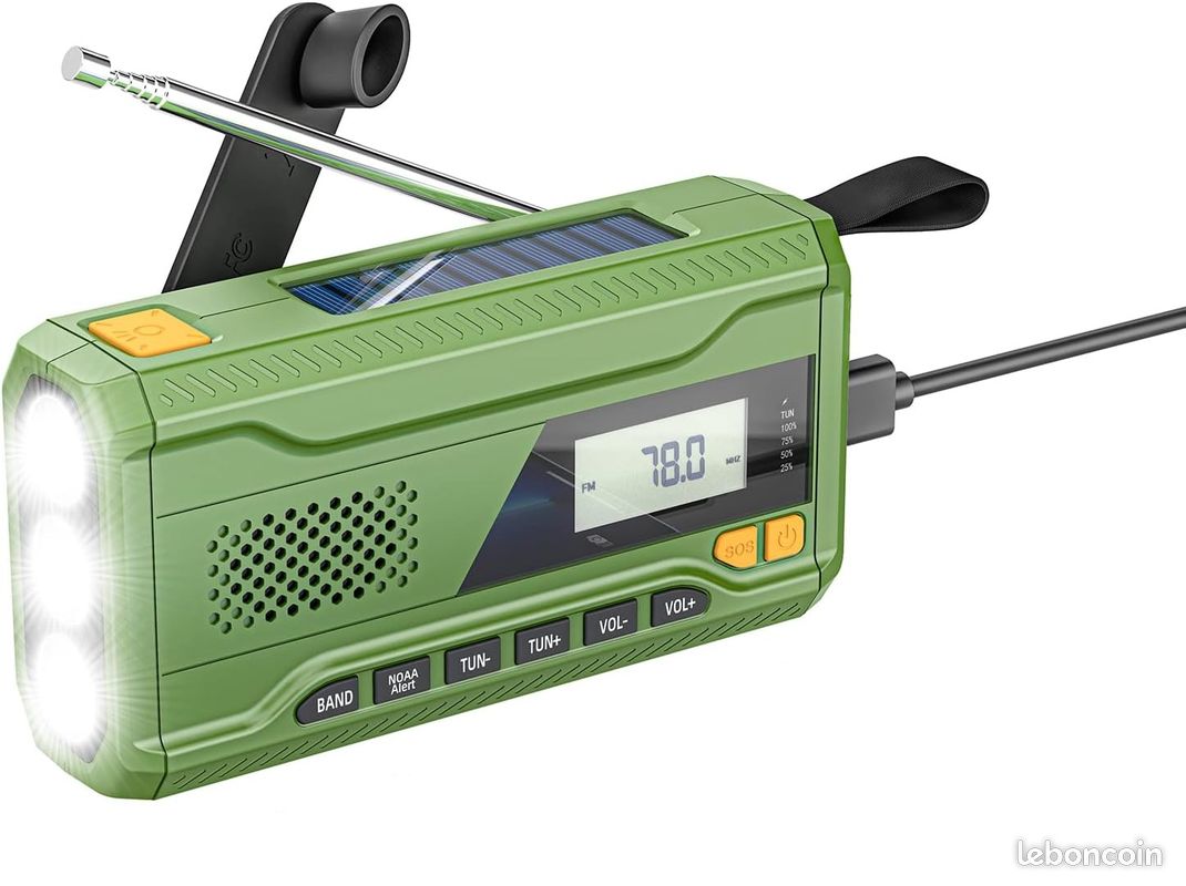 Radio à Manivelle Solaire avec Lampe de Poche LED pour Urgence, Radio