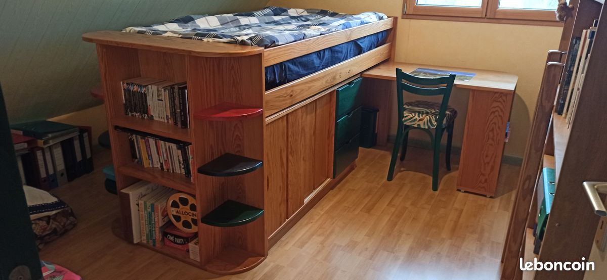 Lit bureau rangement enfant/ado/étudiant bois massif (image 2)