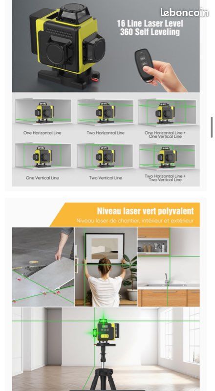 Professional Niveau Laser Autonivelant 360° X 4, Lazer Niveaux Chantier 4d 16 Lignes Laser, Mode Impulsion ExtéRieur, 2 X Batterie,Nivellement Automatique, Support Rotatif, TéLéCommande (image 4)