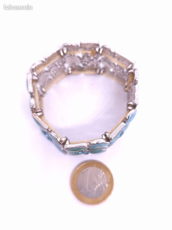 Bracelet Ancien En Argenté Avec Plaque émaillée - Style Années 70 - Bijou Vintage D'occasion