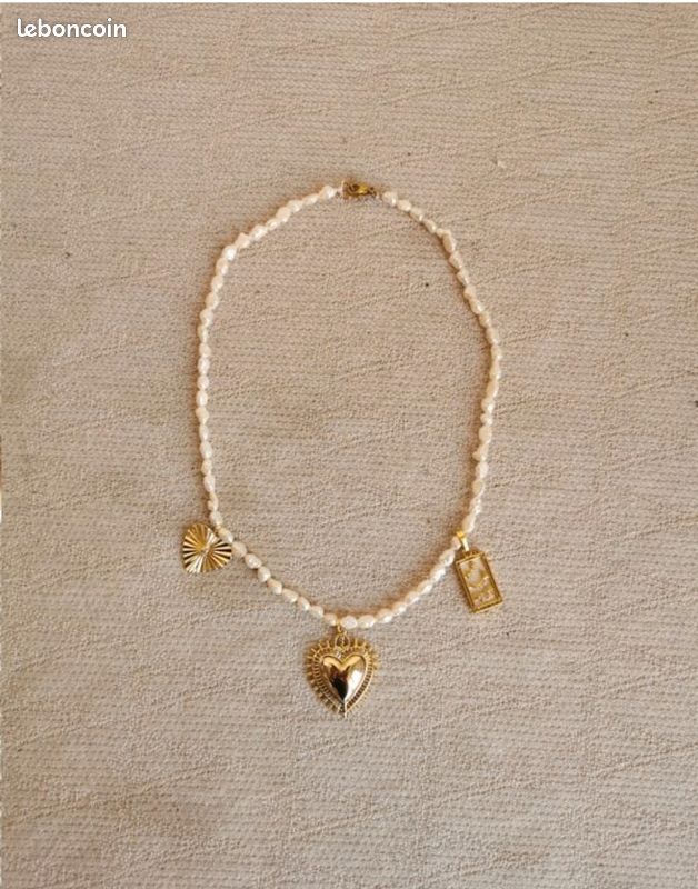 Collier perles de culture "grain de riz" neuf pampilles cœur carte tarot lune strass ex voto milagros acier doré creation (image 12)
