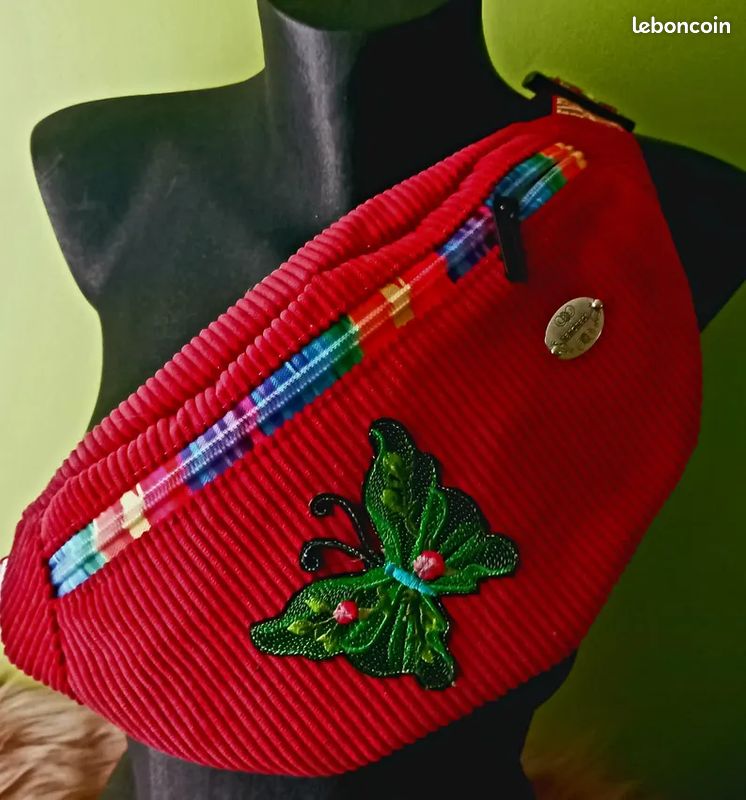 Sac banane femme velours côtelé épais rouge framboise, papillon, pratique pour randonnée, shopping (image 3)