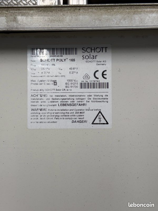 Vends lot de 18 panneaux solaires photovoltaïques SCHOTT POLY™ 165 W d’occasion, en bon état (image 3)