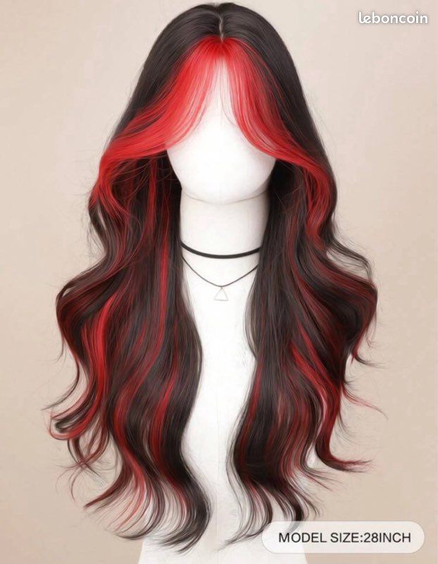 Perruque Synthétique Longue Bouclée Bicolore Noir Et Rouge - Kit Complet Pro, Taille Moyenne